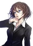  1girl bangs black_suit blue_eyes breasts business_suit cigarette formal hair_between_eyes hand_on_own_neck head_tilt highres large_breasts looking_away original short_hair simple_background sketch smoking solo sugi_214 suit upper_body white_background 