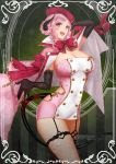  1girl :d apt black_gloves black_legwear blush bow bowtie breasts cape cleavage covered_navel cowboy_shot demon_girl demon_horns demon_tail dress elbow_gloves garter_straps gloves hat high_heels highres horns index_finger_raised large_breasts looking_at_viewer open_mouth original pink_dress pink_hair red_bow red_bowtie red_eyes short_hair single_thighhigh smile strapless strapless_dress tail thigh-highs tube_dress 