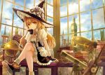  1girl aircraft blonde_hair book boots braid broom chin_rest clock clock_tower clouds commentary_request dirigible dress fingerless_gloves gears globe gloves hat hourglass keiko_(mitakarawa) kirisame_marisa long_hair looking_at_viewer sitting smile solo steampunk telescope touhou tower window witch_hat yellow_eyes zeppelin 