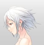  1girl closed_mouth commentary expressionless from_side grey_background looking_away nude original portrait profile red_eyes short_hair_with_long_locks silver_hair solo sugi_214 