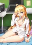  1girl ahoge black_panties blonde_hair blue_eyes breasts cleavage collarbone drawing_tablet dress_shirt heart heart_cutout highres indoors large_breasts new_game! one_eye_closed panties shirt sidelocks sleeves_past_wrists solo tablet thighs underwear white_shirt yagami_kou yuxian_youka 