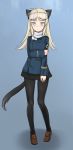  1girl absurdres amefre animal_ears arm_grab bangs black_legwear black_skirt blonde_hair blue_background blue_eyes blue_jacket brown_shoes cat_ears cat_tail closed_mouth commentary_request emblem full_body highres jacket light_smile loafers long_hair long_sleeves looking_at_viewer military military_uniform miniskirt original pantyhose pleated_skirt shoes skirt solo standing tail uniform world_witches_series 