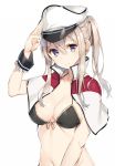  1girl bikini black_bikini blonde_hair breasts capelet collarbone graf_zeppelin_(kantai_collection) hair_between_eyes hat highres kantai_collection long_hair medium_breasts peaked_cap rurikoma sidelocks simple_background smile solo swimsuit twintails violet_eyes white_background wrist_cuffs 