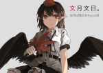  1girl akaiha_(akaihagusk) black_hair collared_shirt frilled_skirt frills grimace hat hauchiwa neck_ribbon pointy_ears red_eyes ribbon shameimaru_aya shirt short_hair skirt solo sweatdrop tokin_hat touhou translation_request wings 