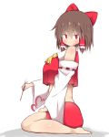  1girl akabeco blush breasts brown_hair closed_mouth cookie_(touhou) eyebrows_visible_through_hair hair_tubes hakurei_reimu highres large_breasts looking_at_viewer plump red_eyes reu seiza short_hair sitting smile solo touhou 