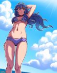  1girl akairiot arm_behind_head arm_up beach bikini blue_eyes blue_hair blue_sky clouds fire_emblem fire_emblem:_kakusei gluteal_fold highres lucina navel ocean sky smile solo stomach sunlight swimsuit thigh_gap tiara 