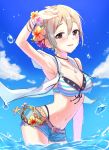  1girl bikini black_eyes breasts cleavage flower grey_hair hair_flower hair_ornament idolmaster idolmaster_cinderella_girls idolmaster_cinderella_girls_starlight_stage jewelry looking_at_viewer navel necklace ocean shiomi_shuuko short_hair smile solo swimsuit tsukiko_2k5 wading 