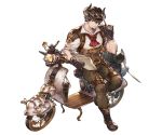  1boy barowa beard belt boots brown_eyes brown_hair doraf facial_hair full_body gloves goggles goggles_on_headwear granblue_fantasy ground_vehicle hat horns male_focus minaba_hideo motor_vehicle motorcycle newspaper official_art pipe sitting solo transparent_background 