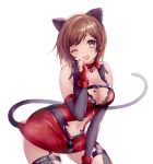  1girl ;d animal_ears blush breasts brown_hair cat_ears cat_tail choker cleavage earrings elbow_gloves fang fingerless_gloves gloves green_eyes idolmaster idolmaster_cinderella_girls jewelry lace_trim large_breasts looking_at_viewer maekawa_miku michudx navel navel_cutout one_eye_closed open_mouth paw_pose paw_print short_hair simple_background smile solo tail white_background zipper 