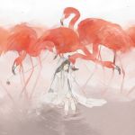  1girl bangs bird brown_hair closed_eyes crown dress flamingo long_hair long_sleeves nekosuke_(oxo) original puffy_long_sleeves puffy_sleeves sitting soaking_feet solo star veil water white_dress 