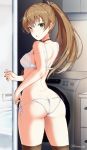  1girl ass bra breasts brown_hair hair_ornament hairclip high_ponytail kantai_collection kumano_(kantai_collection) looking_back medium_breasts panties side-tie_panties solo standing takaharu thigh-highs underwear underwear_only washing_machine white_bra white_panties 