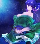  1girl air_bubble blue_hair breasts chada_atariatama cleavage cowboy_shot fish_tail from_side green_kimono head_fins highres japanese_clothes kimono large_breasts looking_at_viewer looking_to_the_side mermaid monster_girl obi parted_lips purple_hair sash solo touhou underwater violet_eyes wakasagihime wide_sleeves 