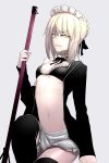  1girl apron artoria_pendragon_(all) black_legwear blonde_hair breasts cleavage fate/grand_order fate/stay_night fate_(series) grin highres i-pan jacket looking_at_viewer maid_headdress navel pale_skin saber_alter smile solo yellow_eyes 