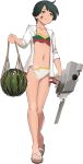  1girl basket bikini black_hair food fruit kantai_collection mogami_(kantai_collection) sandals shibafu_(glock23) short_hair sweater swimsuit tan tanline torn_clothes transparent_background turret watermelon 