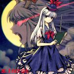  1girl bangs blue_dress blue_hair book dress ex-keine full_moon hat holding holding_book kamishirasawa_keine long_hair looking_at_viewer lowres meitei moon multicolored_hair night night_sky open_mouth puffy_short_sleeves puffy_sleeves red_eyes sharp_teeth short_sleeves sky solo standing teeth touhou white_hair 