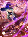  1girl black_hat black_legwear blue_bow blue_ribbon book bow breasts brown_hair closed_eyes eyebrows_visible_through_hair garter_straps hat hat_bow highres looking_at_viewer magical_girl medium_breasts mellozzo open_book original ribbon solo thigh-highs yellow_eyes 