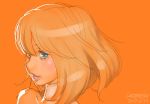  1girl blue_eyes close-up dated face food fruit highres kotoyoshi_yumisuke lips orange orange_background orange_hair original short_hair signature sketch solo 