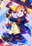  10s 1girl ahoge black_gloves blush eyebrows_visible_through_hair fingerless_gloves gloves headphones looking_at_viewer love_live! love_live!_sunshine!! marshall_(wahooo) megaphone open_mouth orange_hair red_eyes red_legwear short_hair signature smile solo takami_chika teeth thigh-highs 