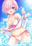  1girl bikini breasts cleavage cowboy_shot fate/grand_order fate_(series) front-tie_top hair_over_one_eye highres looking_at_viewer medium_breasts open_mouth purple_hair shielder_(fate/grand_order) short_hair side-tie_bikini swimsuit swimsuit_of_perpetual_summer umitonakai violet_eyes water white_bikini 