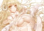  1girl angel_wings apt bangs blonde_hair blush bound bound_arms bow braid breasts commentary_request eyebrows eyebrows_visible_through_hair frilled_shirt_collar frilled_sleeves frills highres horns large_breasts long_hair looking_at_viewer midriff original sheep_horns solo under_boob upper_body very_long_hair white_background wings yellow_eyes 