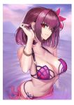  1girl alternate_hair_length alternate_hairstyle arm_up bare_shoulders bikini bracelet breasts brown_hair fate_(series) flower groin hair_flower hair_ornament jewelry looking_at_viewer medium_breasts mins_(minevi) purple_bikini red_eyes scathach_(fate/grand_order) scathach_(swimsuit_assassin)_(fate) short_hair smile solo swimsuit 