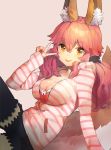  1girl animal_ears arm_support beige_background black_legwear breasts brown_eyes cleavage eyebrows_visible_through_hair fate/extra fate/extra_ccc fate_(series) fox_ears fox_tail hair_between_eyes hair_ornament hair_over_shoulder hair_scrunchie hood hooded_jacket hoodie jacket leaning_back leg_up long_hair looking_at_viewer low_twintails pink_hair scrunchie short_shorts shorts shovelwell simple_background sitting sleeves_past_wrists solo striped striped_hoodie tail tamamo_(fate)_(all) tamamo_no_mae_(fate) thigh-highs twintails v 