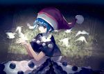  1girl ainy77 bare_arms bird blue_eyes blue_hair capelet commentary_request doremy_sweet dress frilled_dress frills hat highres nightcap pom_pom_(clothes) solo touhou upper_body white_dress 