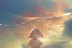  1girl bangs blonde_hair blouse blue_eyes clouds cloudy_sky looking_at_viewer original outdoors saihate_(d3) short_sleeves sky solo twilight upper_body white_blouse wind 