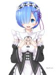  1girl :d blue_eyes blue_hair breasts cleavage commentary_request detached_sleeves hair_over_one_eye highres looking_at_viewer maid maid_headdress open_mouth re:zero_kara_hajimeru_isekai_seikatsu rem_(re:zero) short_hair simple_background smile solo twitter_username white_background yuuki_kazuhito 