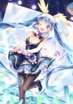  1girl :d blue_eyes blue_hair floating_hair hatsune_miku highres long_hair momoko_(momoko14) one_eye_closed open_mouth pantyhose smile solo twintails very_long_hair vocaloid wrist_cuffs 