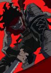  1boy akaguro_chizome arai_hiroki black_hair boku_no_hero_academia boots full_body grey_background highres knife long_tongue looking_at_viewer red_eyes red_scarf scarf simple_background sleeveless smile solo squatting sword teeth tongue tongue_out weapon 