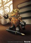  book coffee copyright_name force_of_will highres ko-ran mace mechanical_legs no_humans official_art pen robot standing weapon window 