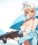  1girl bare_arms bare_shoulders beach_umbrella bikini blonde_hair blue_eyes blue_hairband breasts cleavage commentary_request drum_magazine fingernails frill_trim girls_frontline gun hair_between_eyes hair_bun hair_ornament hairband halterneck holding holding_gun holding_weapon jacket long_fingernails long_sleeves looking_at_viewer medium_breasts off_shoulder open_clothes open_jacket pink_lips short_hair side_bun sidelocks simple_background smile snowflake_hair_ornament solo submachine_gun suomi_kp/-31 suomi_kp31_(girls_frontline) swimsuit takssmask umbrella upper_body weapon white_background white_bikini 