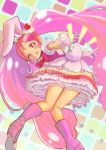  1girl ;q animal_ears boots bow cake_hair_ornament copyright_name cure_whip food_themed_hair_ornament gloves hair_ornament jj_(ssspulse) kirakira_precure_a_la_mode knee_boots long_hair magical_girl multicolored multicolored_background one_eye_closed pink_boots pink_bow pink_eyes pink_hair precure rabbit_ears skirt solo tongue tongue_out twintails usami_ichika white_gloves 