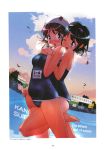  2004 2girls :o autumn_leaves barefoot between_legs black_hair blue_eyes blue_swimsuit blush competition_swimsuit crowd dated goggles goggles_on_head highres multiple_girls one-piece_swimsuit one_eye_closed orange_eyes outdoors short_hair swim_cap swimsuit wet wristband yoshizaki_mine yuri 