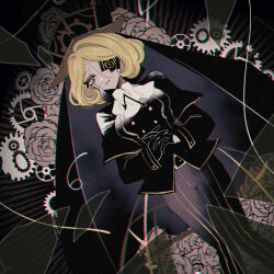  1girl alternate_skin_color ascot belt black_belt black_gloves black_hat black_jacket black_pants black_veil blonde_hair buttons chromatic_aberration commentary_request cookie_run cookie_run:_ovenbreak crack cracked_glass curly_hair double-breasted dutch_angle eyepatch feet_out_of_frame film_grain floral_background flower from_above gloves gold_buttons gold_trim half_gloves hat interlocked_fingers jacket knees_together_feet_apart layered_sleeves long_sleeves mamimumemo official_alternate_costume official_alternate_hair_length official_alternate_hairstyle one_eye_covered own_hands_clasped own_hands_together pants parted_bangs pinstripe_pants pinstripe_pattern rose scar scar_across_eye scar_on_face short_hair short_over_long_sleeves short_sleeves simple_background solo straight-on timekeeper_cookie timekeeper_cookie_(ruler_of_the_ephemeral_flow) top_hat veil white_ascot yellow_eyes 