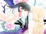  2girls bad_id black_hair blonde_hair closed_eyes flower hakurei_reimu highres japanese_clothes kirisame_marisa long_hair miko multiple_girls nude penpen_(artist) red_eyes touhou wallpaper yuri 