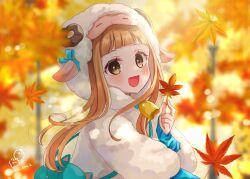  1girl :d animal_costume animal_ears animal_hood autumn_leaves bag bell blurry blurry_background blurry_foreground brown_eyes brown_hair commentary_request day depth_of_field fake_animal_ears fake_horns floating_hair hand_up highres holding holding_leaf hood hood_up horns ichihara_nina idolmaster idolmaster_cinderella_girls idolmaster_cinderella_girls_starlight_stage leaf long_hair looking_at_viewer maple_leaf neck_bell outdoors rino_cnc sheep_costume sheep_ears sheep_hood sheep_horns shoulder_bag signature smile solo tree twitter_username very_long_hair 