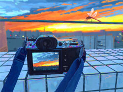  animal artist_name blue_clouds blurry blurry_background bug camera chinese_commentary city clouds cloudy_sky colorful commentary_request depth_of_field digital_camera dragonfly english_text fangpeii highres no_humans orange_clouds original scenery signature sky sunset tiles viewfinder 
