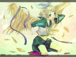  blonde_hair blue_eyes crying full_body hair_ornament hairclip highres kagamine_rin kneeling midriff solo tears vocaloid wings 