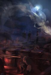  4others barrel black_gloves bracelet coat crescent_moon faceless fur_bracelet fur_collar gloves hood hood_up jewelry moon multiple_others night on_one_knee original outdoors scenery stalking talking trench trench_coat wire_fence zandra 