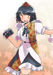  1girl black_hair black_ribbon black_skirt blush buttons camera foot_out_of_frame hat holding holding_camera leaf leaf_background leaf_print maple_leaf_print orange_background pom_pom_(clothes) rangycrow red_eyes ribbon shameimaru_aya shirt short_hair short_sleeves skirt smile solo tokin_hat touhou white_shirt |_| 