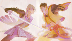 11t 2boys abs armor asymmetrical_gloves battle black_gloves brown_hair clenched_hands clenched_teeth eye_contact fingerless_gloves gloves green_eyes grey_hair highres holding holding_sheath holding_sword holding_weapon ishida_mitsunari_(sengoku_basara) japanese_armor jinbaori katana looking_at_another male_focus midriff multiple_boys muscular muscular_male sengoku_basara sheath shouting spiky_hair sword teeth tokugawa_ieyasu_(sengoku_basara) uneven_gloves weapon yellow_eyes 