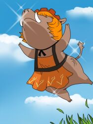  1girl aki_minoriko animal_ears apron blue_sky boar_ears boar_girl boar_tail brown_hat clouds commentary_request day from_below full_body furrification furry furry_female glint grass hat jumping mob_cap naked_apron onikobe_rin orange_apron orange_hair outdoors short_hair sky solo touhou tusks 