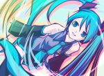  bare_shoulders blue_eyes blue_hair detached_sleeves dutch_angle haiiro hatsune_miku long_hair open_mouth smile thighhighs twintails very_long_hair vocaloid 
