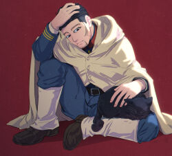  1boy belt black_belt black_cat black_eyes black_hair blue_pants boots brown_boots cat facial_hair fingernails goatee golden_kamuy highres imperial_japanese_army knee_up long_sleeves male_focus ogata_hyakunosuke pants red_background sitting solo wani_same 
