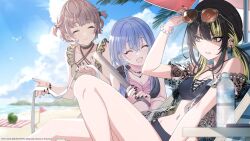  3girls beach bird black_hair black_nails blonde_hair blue_hair blue_sky blush bottle bracelet breasts brown_hair clenched_teeth closed_eyes closed_mouth clouds collarbone cometik_(idolmaster) copyright_name crossed_bangs ear_piercing eyelashes eyewear_on_head food fruit grimace highres idolmaster idolmaster_shiny_colors idolmaster_shiny_colors_song_for_prism ikaruga_luca ikuta_haruki jewelry knee_up long_hair low_twintails medium_breasts multicolored_hair multiple_girls multiple_piercings navel_piercing official_alternate_hairstyle official_art open_mouth outdoors palm_tree piercing seagull short_hair sky smile streaked_hair sunglasses sunlight suzuki_hana swimsuit teeth tree twintails two-tone_hair two_side_up water_bottle watermelon yellow_eyes 