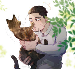  1boy animal black_eyes black_hair brown_cat buttons cat facial_hair goatee_stubble golden_kamuy holding holding_animal holding_cat long_sleeves male_focus ogata_hyakunosuke parted_lips scar scar_on_face shirt short_hair sideburns signature solo stubble trembling upper_body wani_same white_background white_shirt 