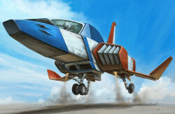  1other blue_sky canopy_(aircraft) clouds commentary_request core_fighter dust_cloud gundam highres landing_gear military_vehicle mobile_suit_gundam pilot science_fiction sky spacecraft starfighter unfinished vehicle_focus youkoumori 