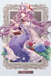  1girl allium_(flower) blue_ribbon book capelet character_name dress floating floating_book floating_object flower highres holding holding_quill light_blush long_hair long_sleeves looking_at_viewer open_book patchouli_day patchouli_knowledge picture_frame pink_capelet pink_dress purple_dress purple_hair quill red_flower red_ribbon red_rose ribbon rose sign simple_background smile solo striped_clothes striped_dress through_medium through_painting touhou violet_eyes white_background yilocity 